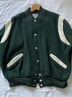 DELONG Green and White Wool Varsity Vintage Jacket